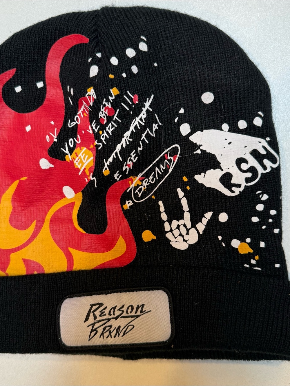 Reason Black Beanie with Red, Yellow & White Graphic Flames
